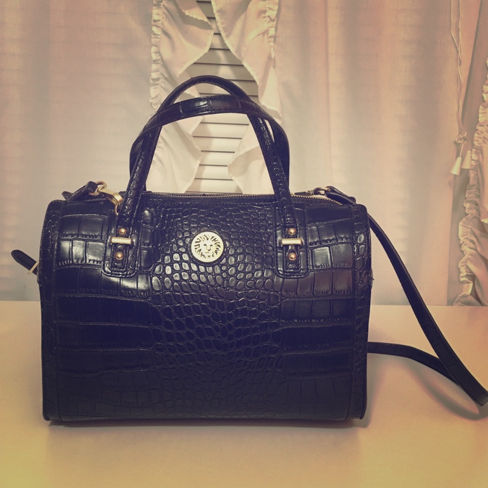 Anne Klein Black Faux Croc Crossbody Satchel